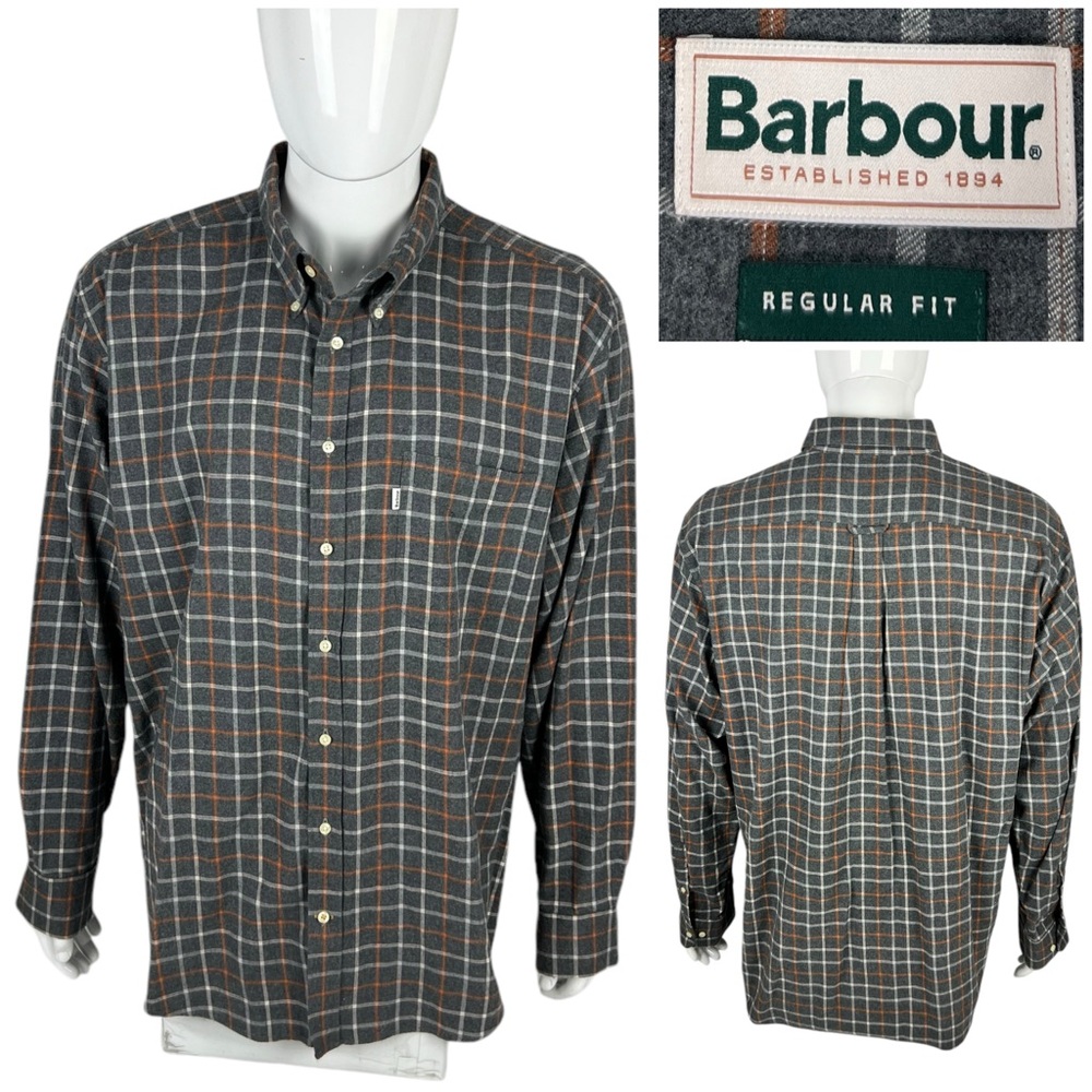 Barbour Mens XL Shirt Plaid Long Sleeve Rutland 100% Cotton Gray Orange EUC